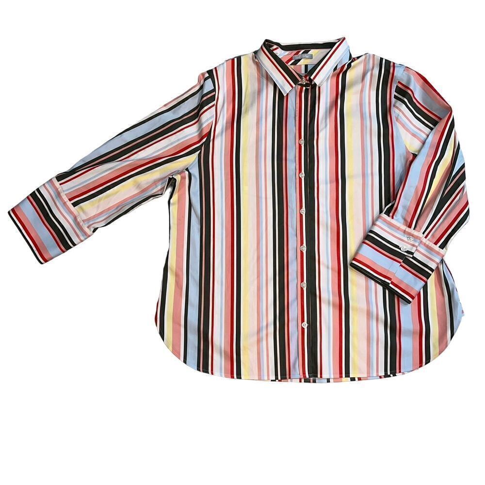 Chico’s Colorful Striped Cotton Blend No Iron Chic Stretch  Blouse Size 3 (16)